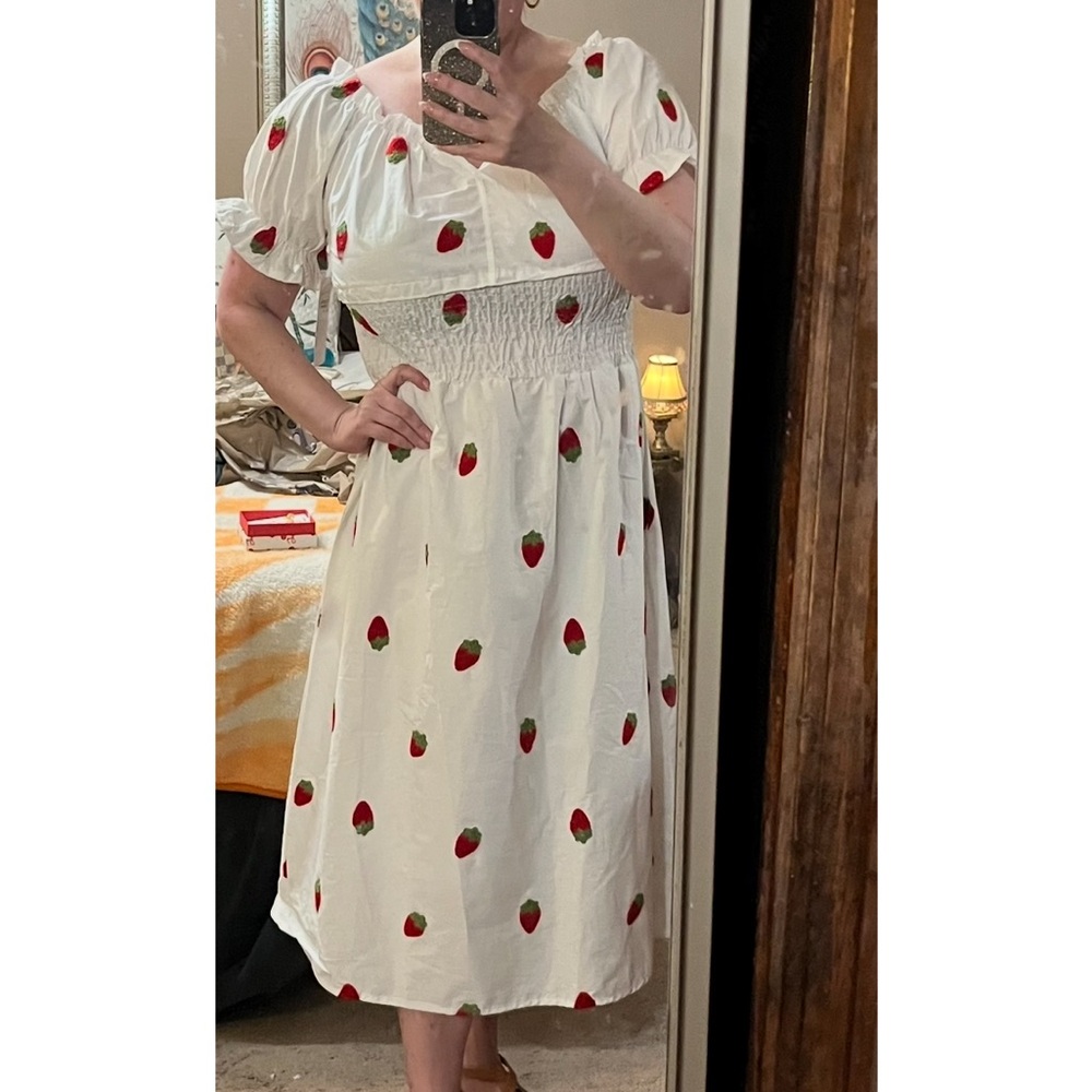 Elegant White Dress with Strawberry Print